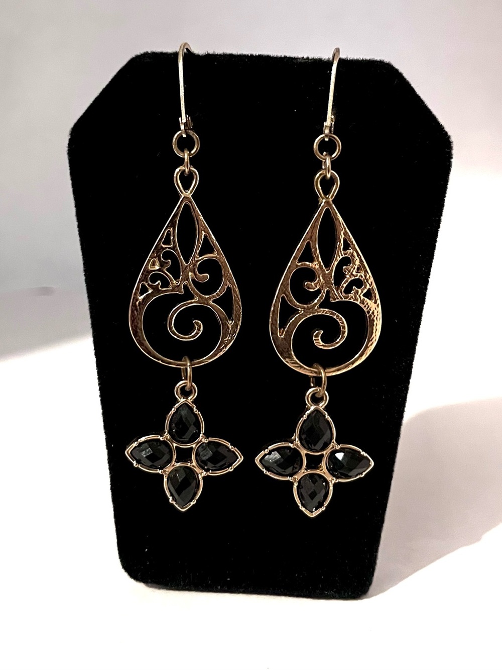 Gold Filigree Drop Earrings with Black Stones, Formal, Wedding, Statement